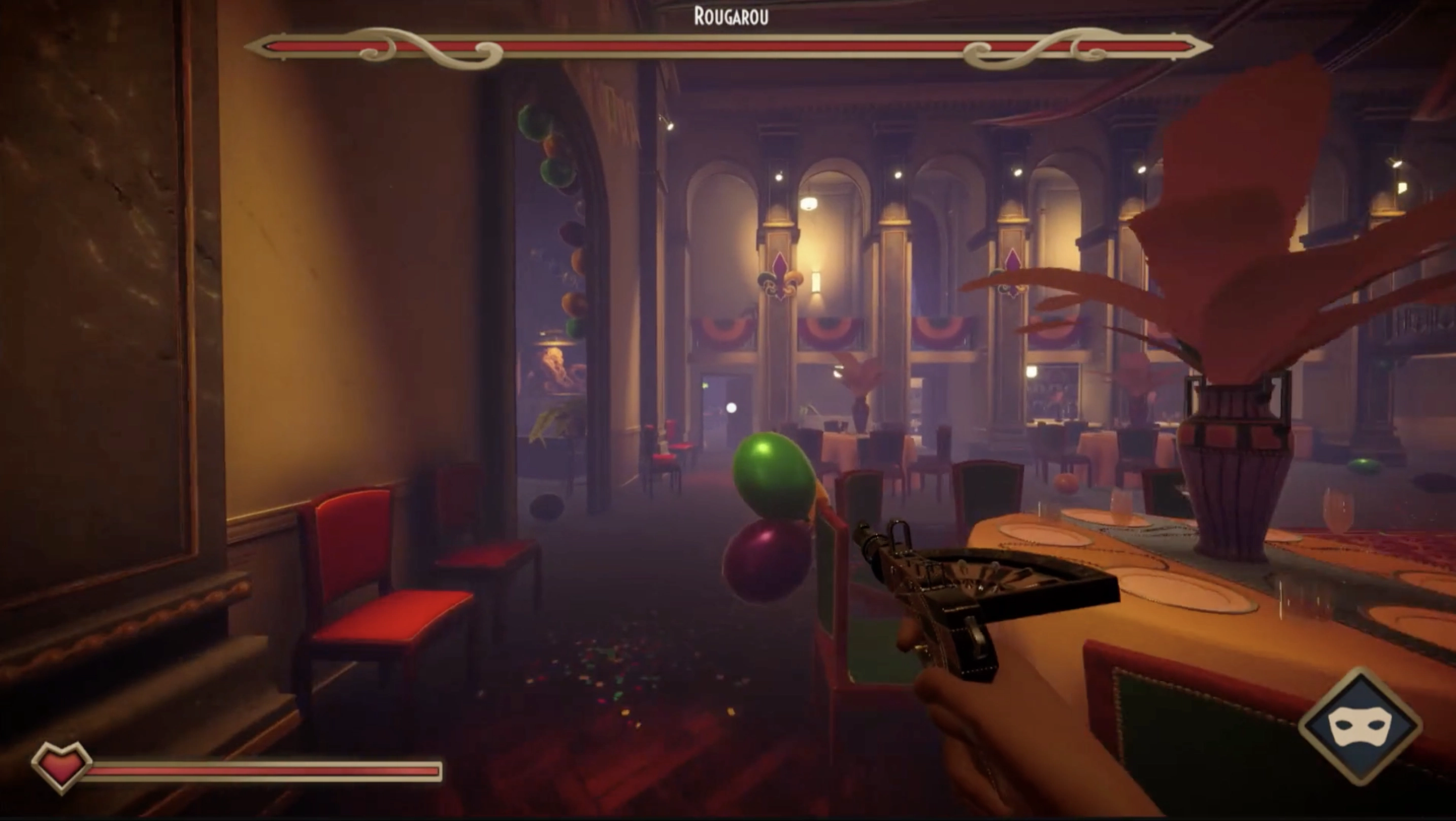 First-person shooter game scene showing a player holding a pistol inside a dimly lit banquet hall decorated with balloons and tables set for dining, with a health bar and 'Rougarou' enemy health at the top.