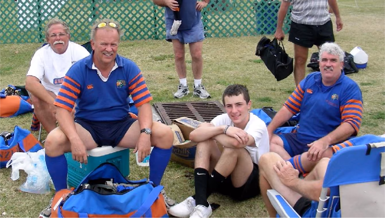 Dennis (far right) with Dan Carter, Roy Brewer, and Roy’s son Alex at Ft. Lauderdale Ruggerfest in 2010.