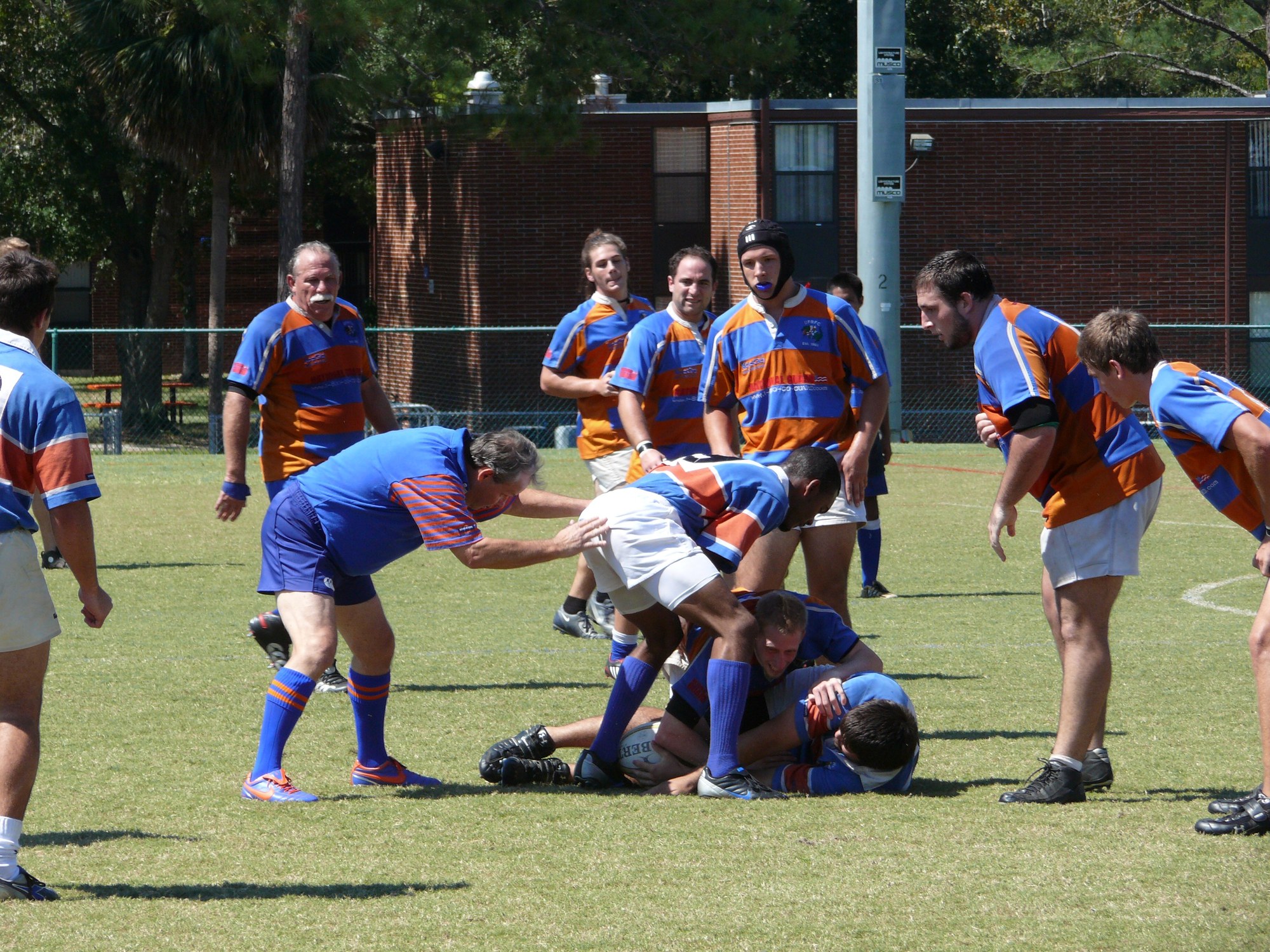 Gators alumni contest a ruck in orange and blue hoops at the 40th Alumni Weekend