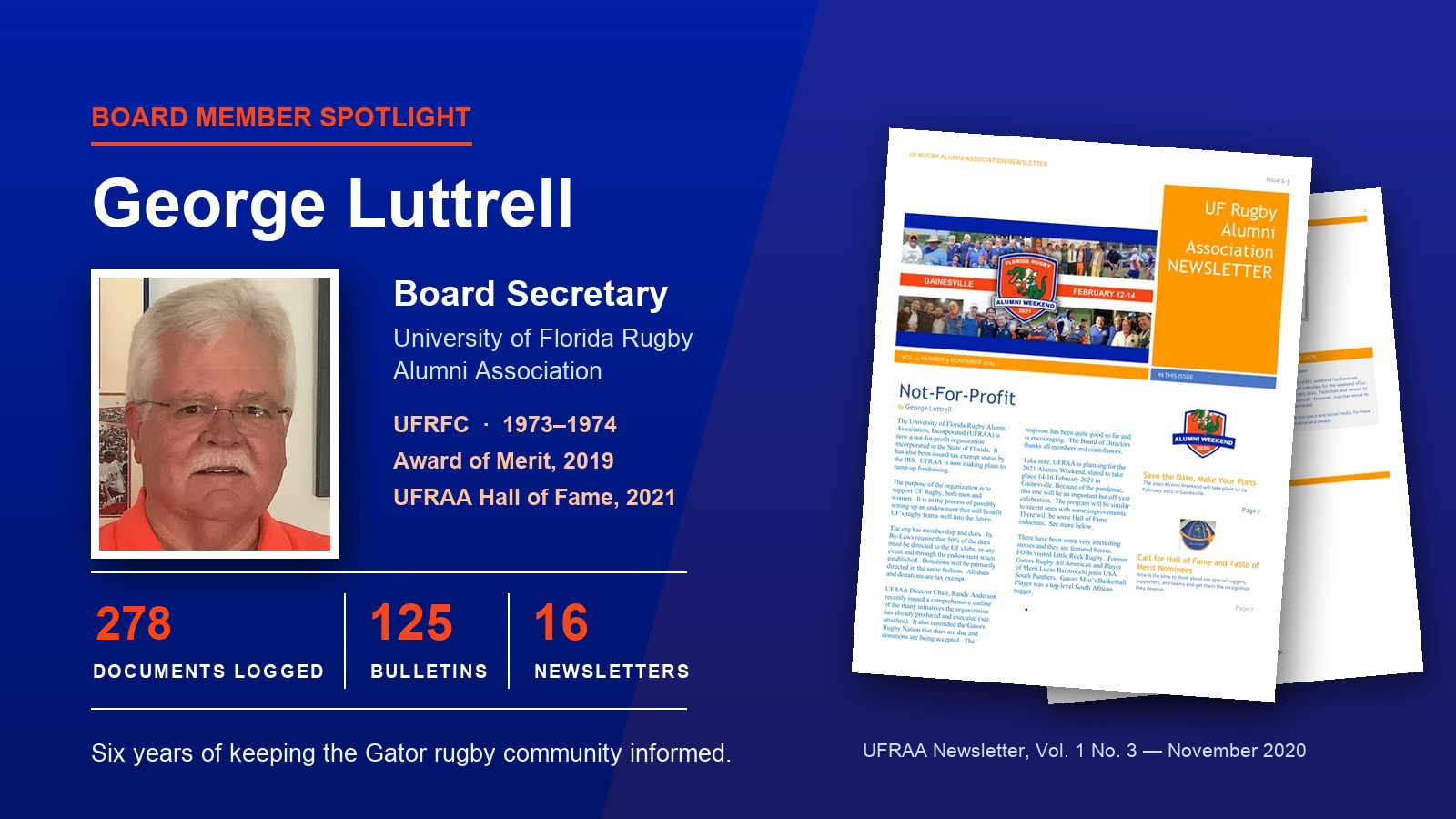 Board Member Spotlight: George Luttrell, Board Secretary, UFRFC 1973-1974, Award of Merit 2019, UFRAA Hall of Fame 2021, shown beside an issue of the UFRAA newsletter