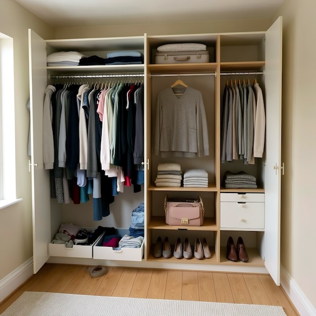 Organised made-to-measure fitted wardrobe with double hanging rails, drawers, shelves, shoe storage and high-level seasonal storage