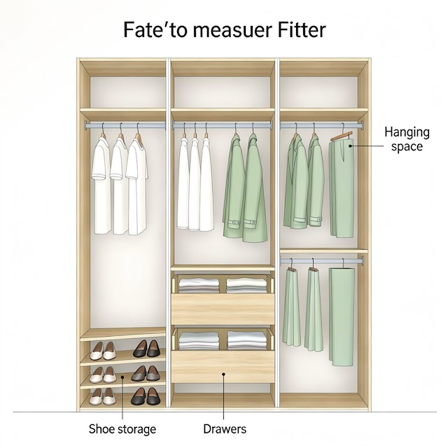 Wardrobe interior diagram showing shoe storage at the bottom, drawers in the middle and hanging rails above