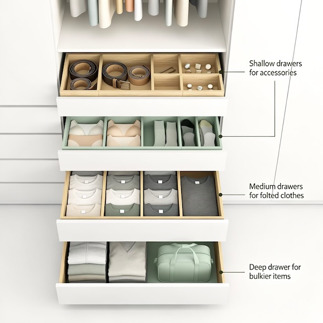 Wardrobe drawer layout diagram showing shallow drawers for accessories, medium drawers for folded clothes and a deeper drawer for bulkier items