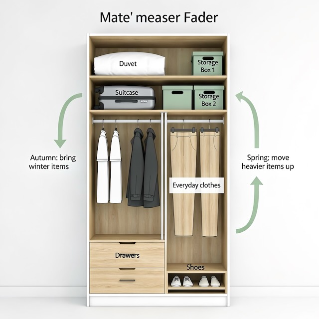 Wardrobe diagram showing high-level seasonal storage, everyday hanging space and drawers, with arrows for autumn and spring clothing rotation