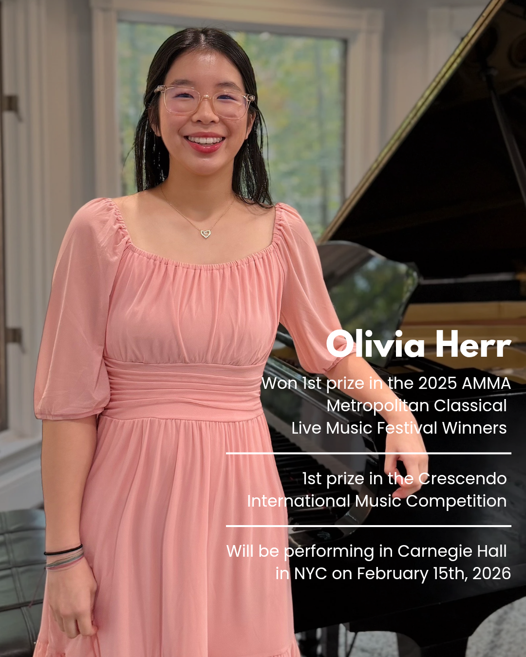 Olivia H. with her first-prize award from the 2025 AMMA Metropolitan Classical Music Festival
