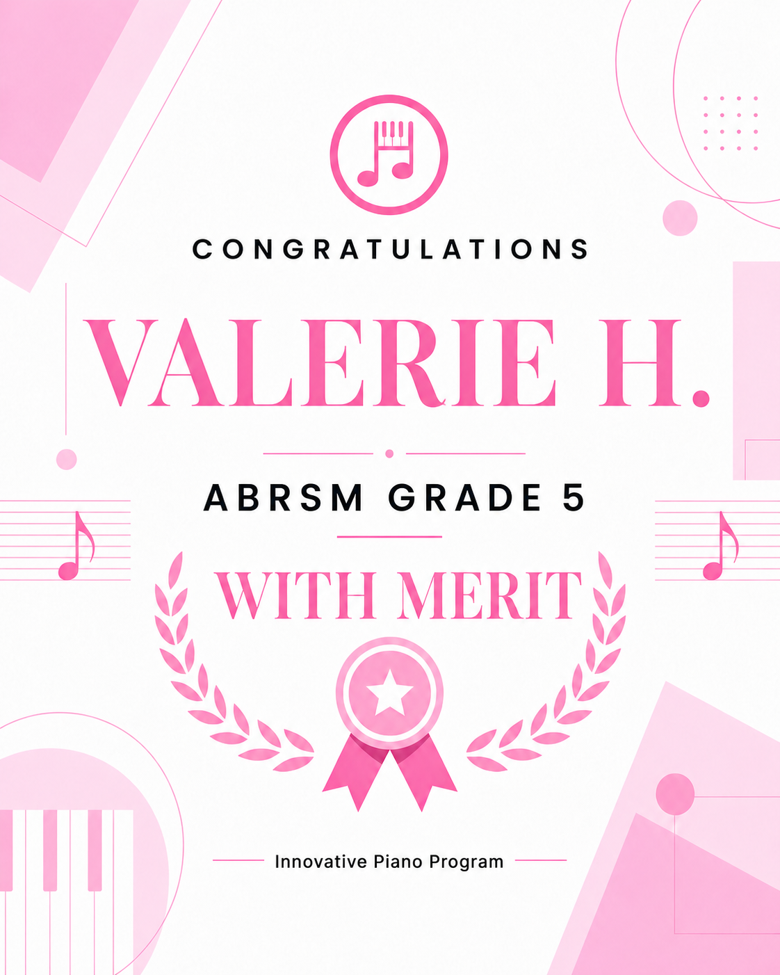 Valerie H. with her ABRSM Grade 5 result