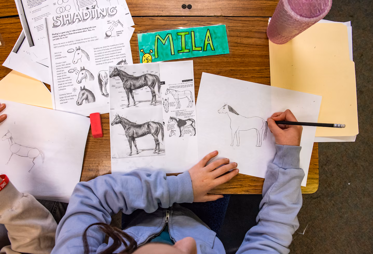 Top view of two children drawing horses with pencil on paper using horse anatomy and shading guides.