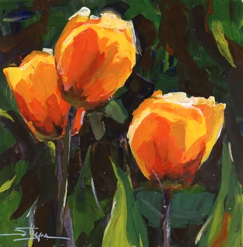 Painting of three orange tulips with green leaves on a dark background.