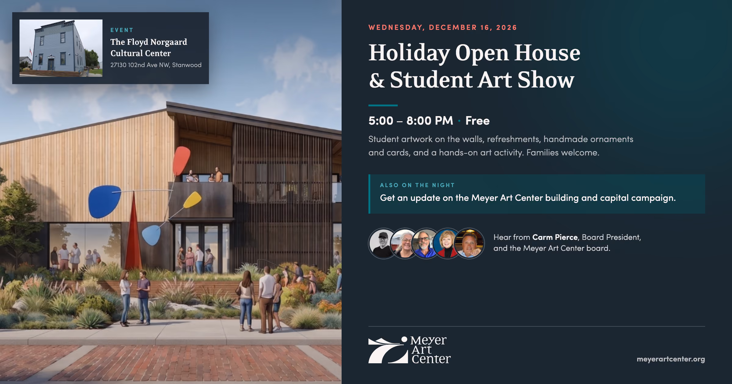 Holiday Open House and Student Art Show, Wednesday December 16, 2026, 5:00 to 8:00 PM, free