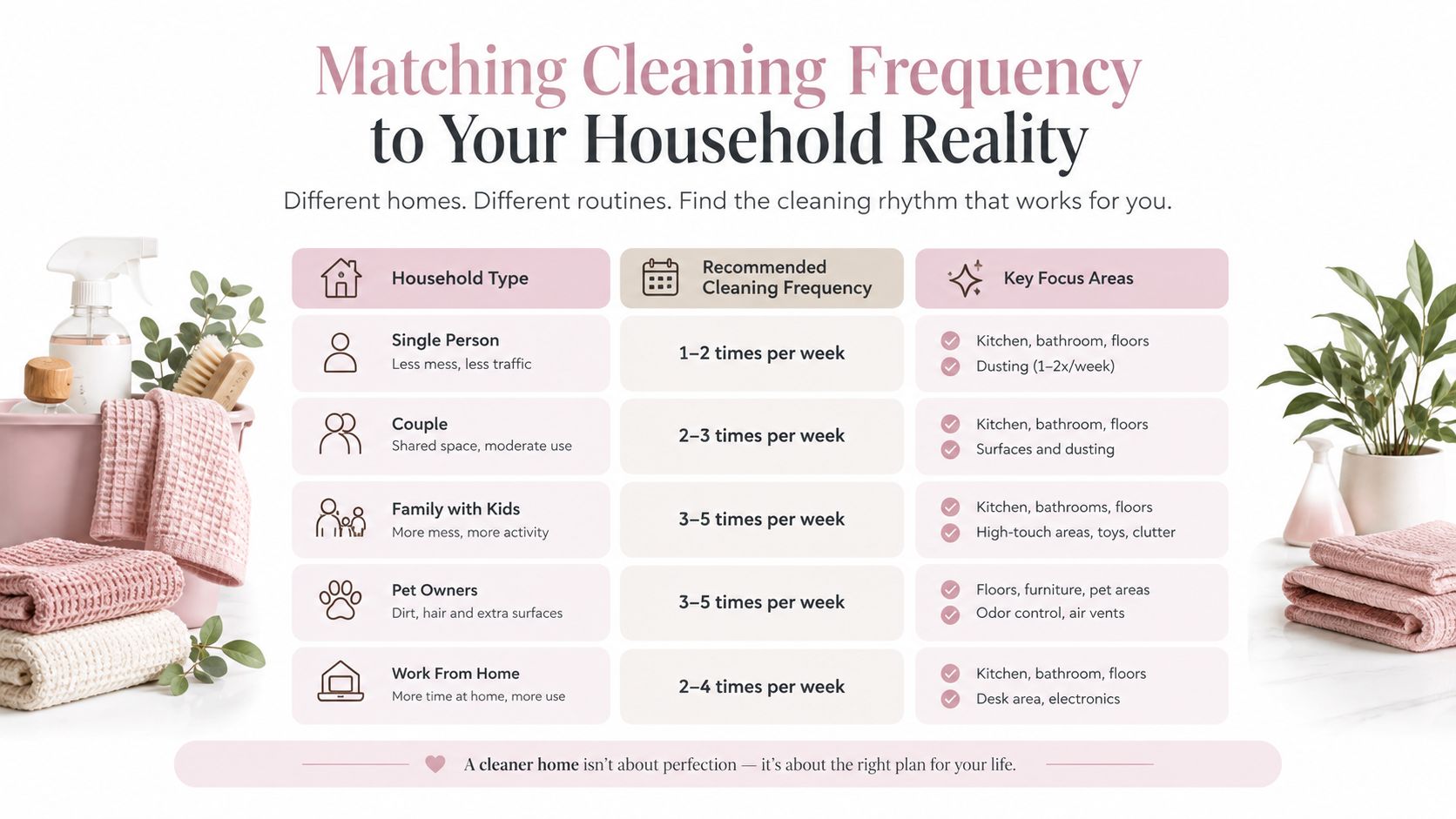 A chart detailing recommended recurring house cleaning frequencies based on different household types and lifestyle needs.