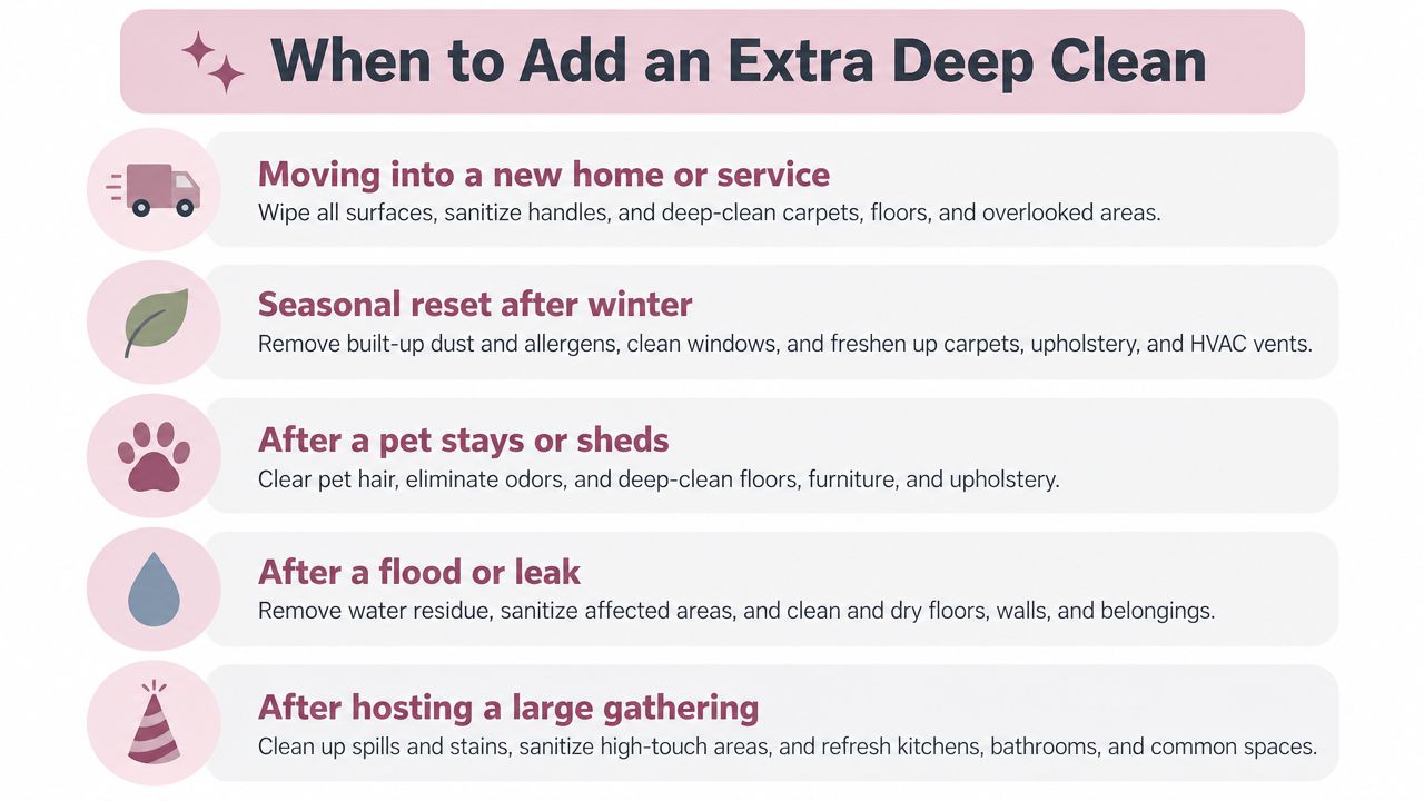 A list graphic illustrating five specific life situations when you should book an extra deep house cleaning service.