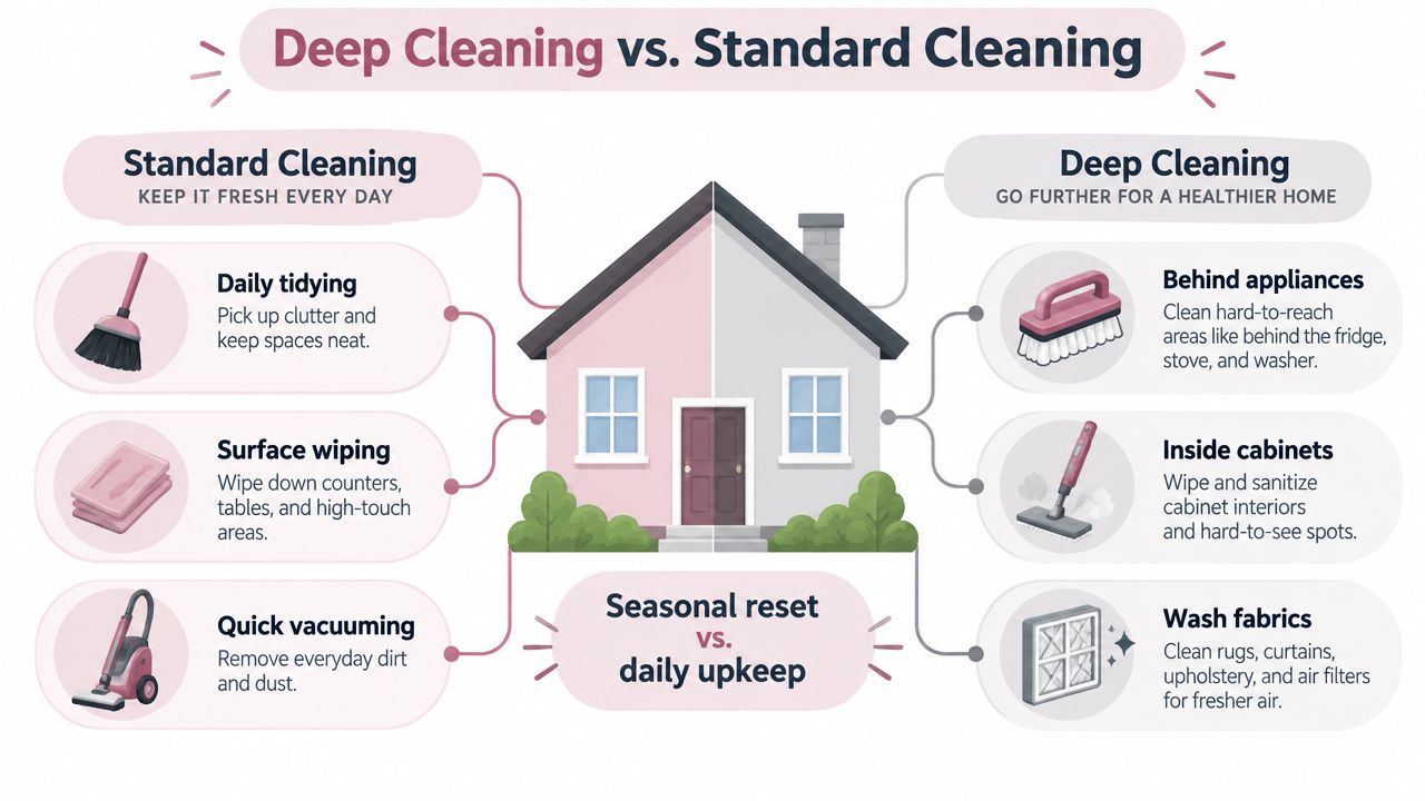 A comparison chart showing the differences between daily standard cleaning and comprehensive seasonal deep cleaning services.