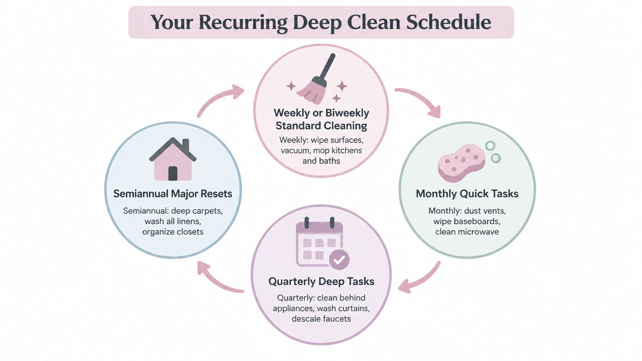 A circular infographic showing a recurring deep cleaning schedule categorized by weekly, monthly, quarterly, and semiannual tasks.