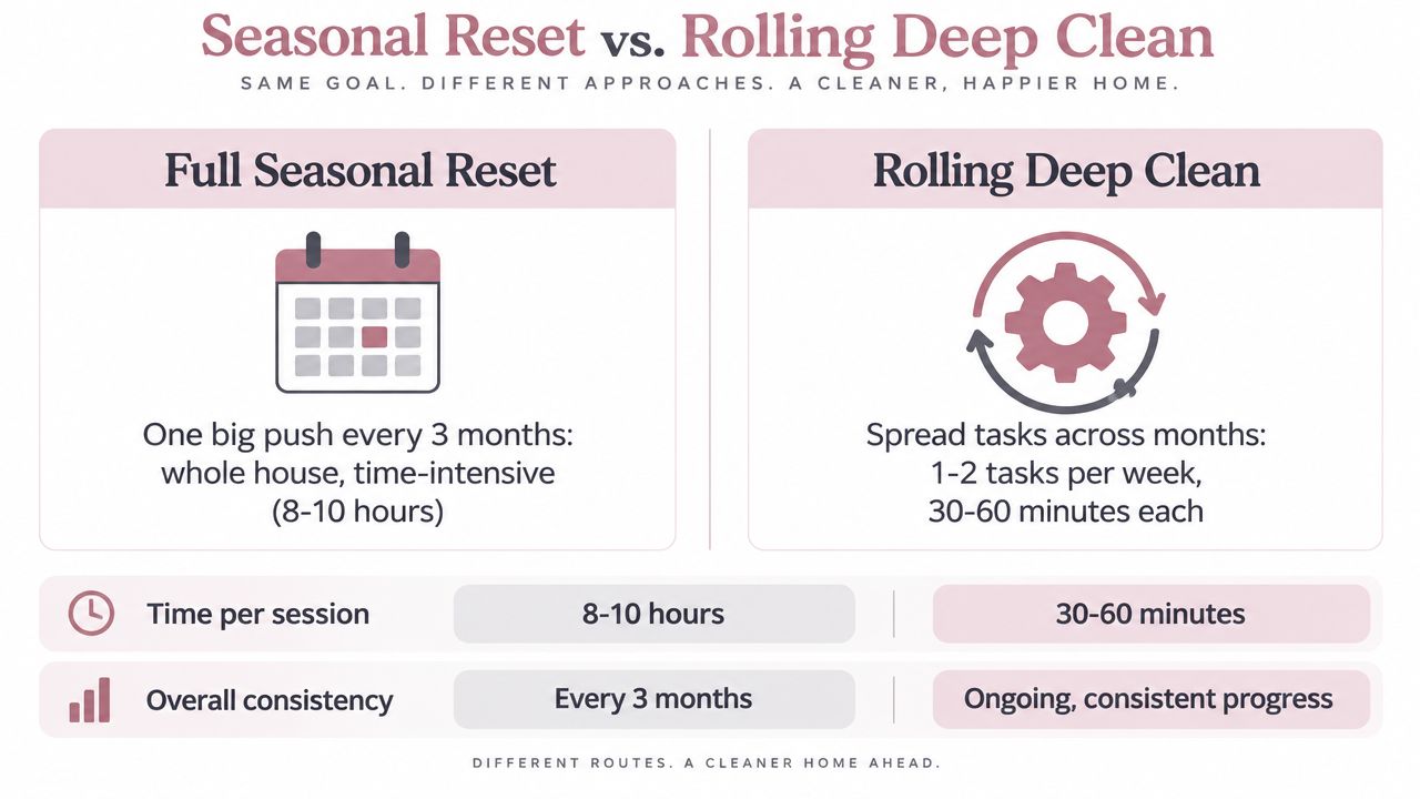 A comparison chart showing two cleaning strategies: a 3-month full deep clean or ongoing rolling deep cleaning tasks.