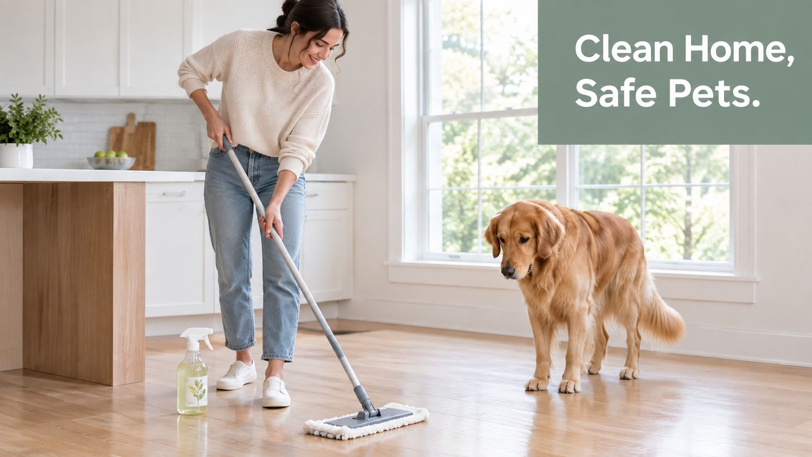 A woman cleaning a wooden floor with a mop while her golden retriever watches nearby.