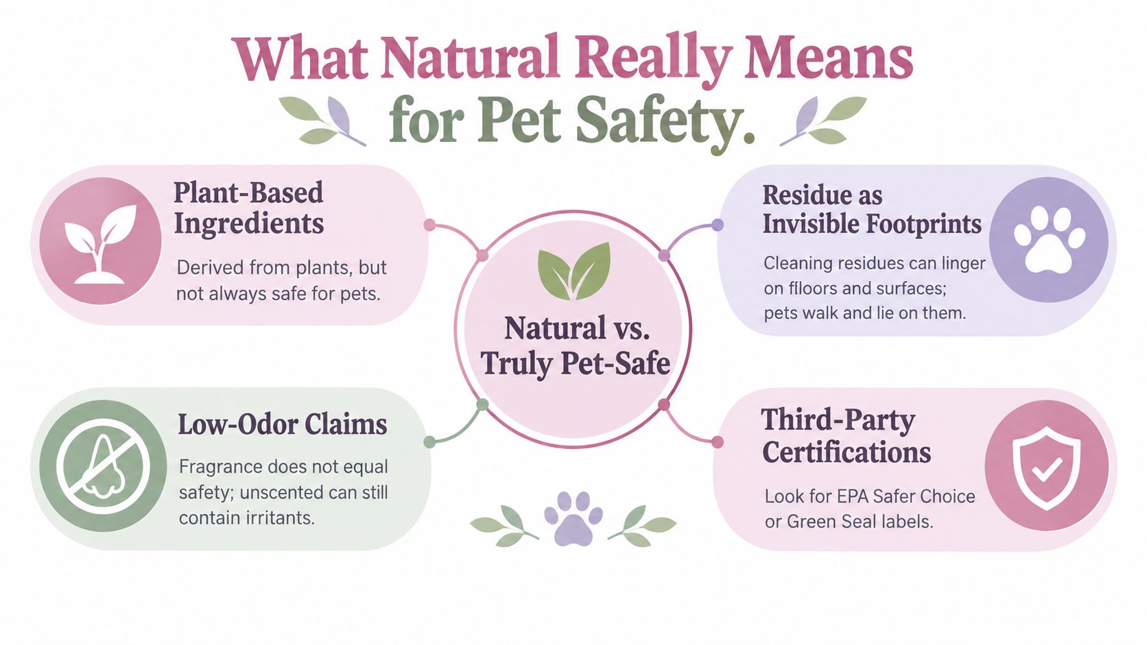 An infographic titled What Natural Really Means for Pet Safety explaining considerations for pet-safe cleaning products.