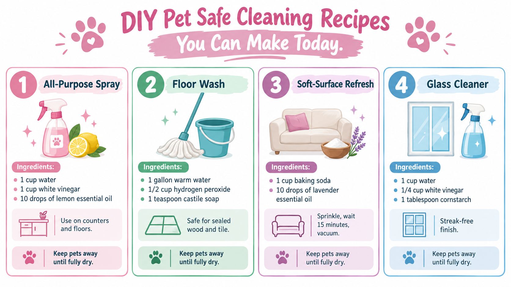 An infographic displaying four simple, pet-safe homemade cleaning product recipes for floors, surfaces, upholstery, and glass.