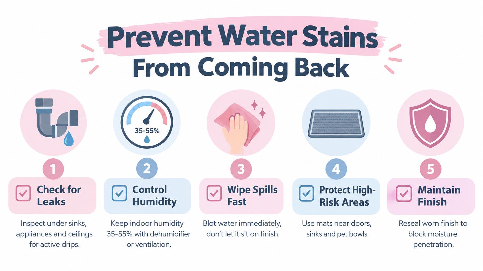 An infographic titled Prevent Water Stains From Coming Back with five illustrated steps for home maintenance.