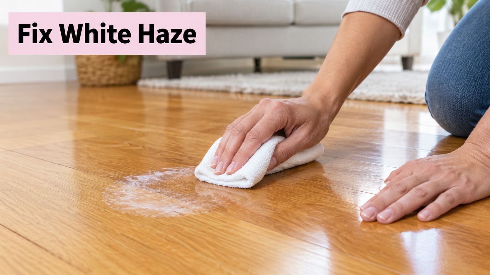 A person wiping away a white hazy water stain from a polished hardwood floor with a white cloth.
