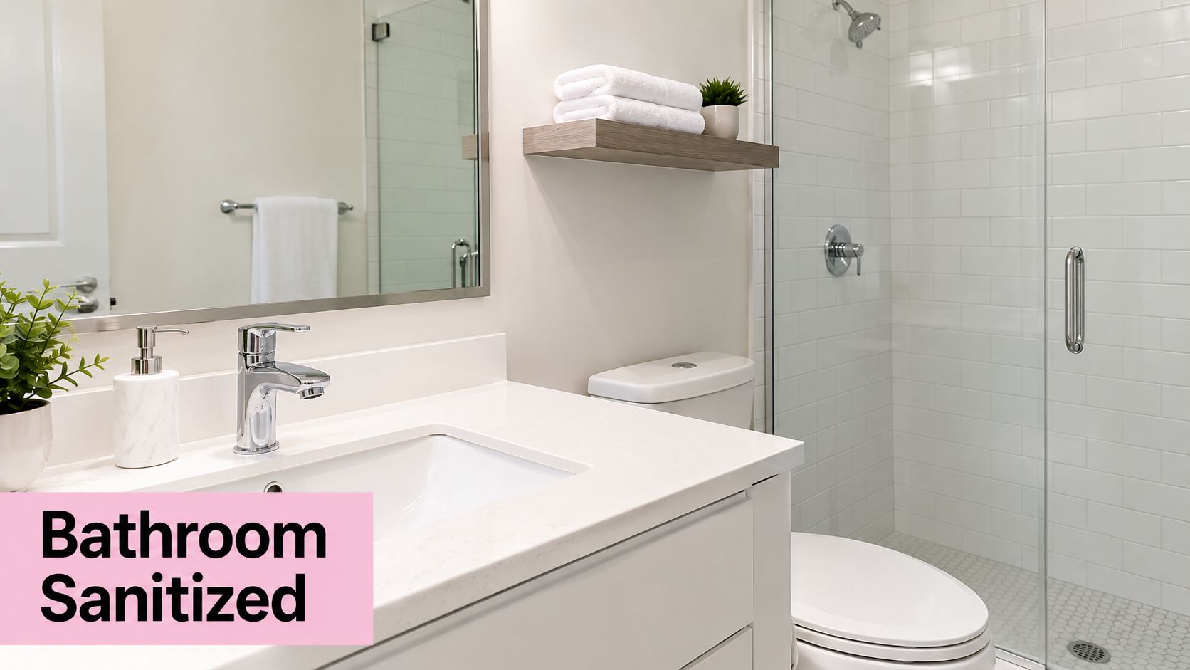A clean, modern bathroom interior with a white vanity sink, a glass shower stall, and fresh towels.
