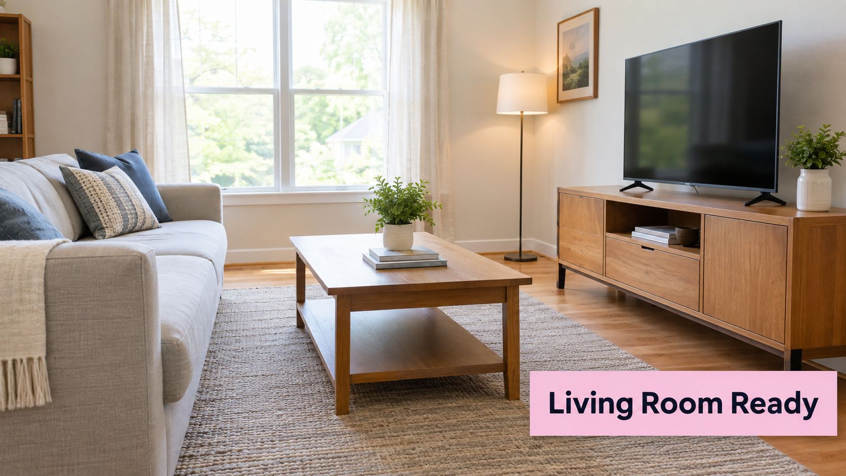 A clean, modern, and inviting living room featuring a sofa, coffee table, and television on a console.