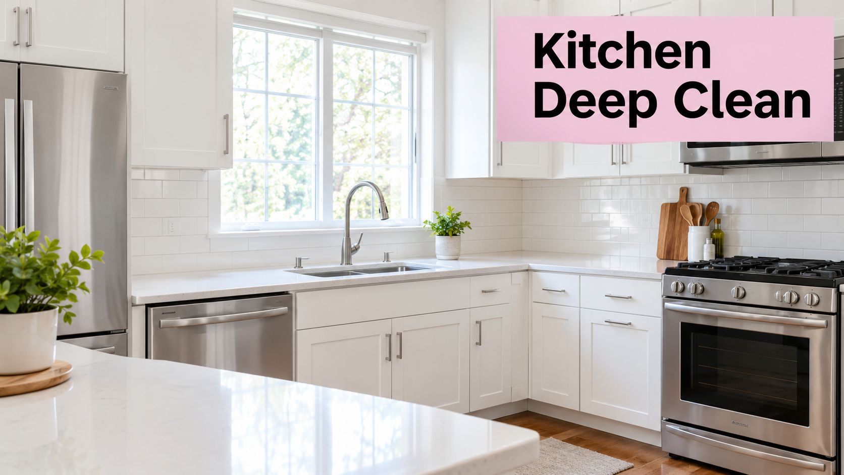 A clean, modern white kitchen with stainless steel appliances, marble countertops, and a bright window view.