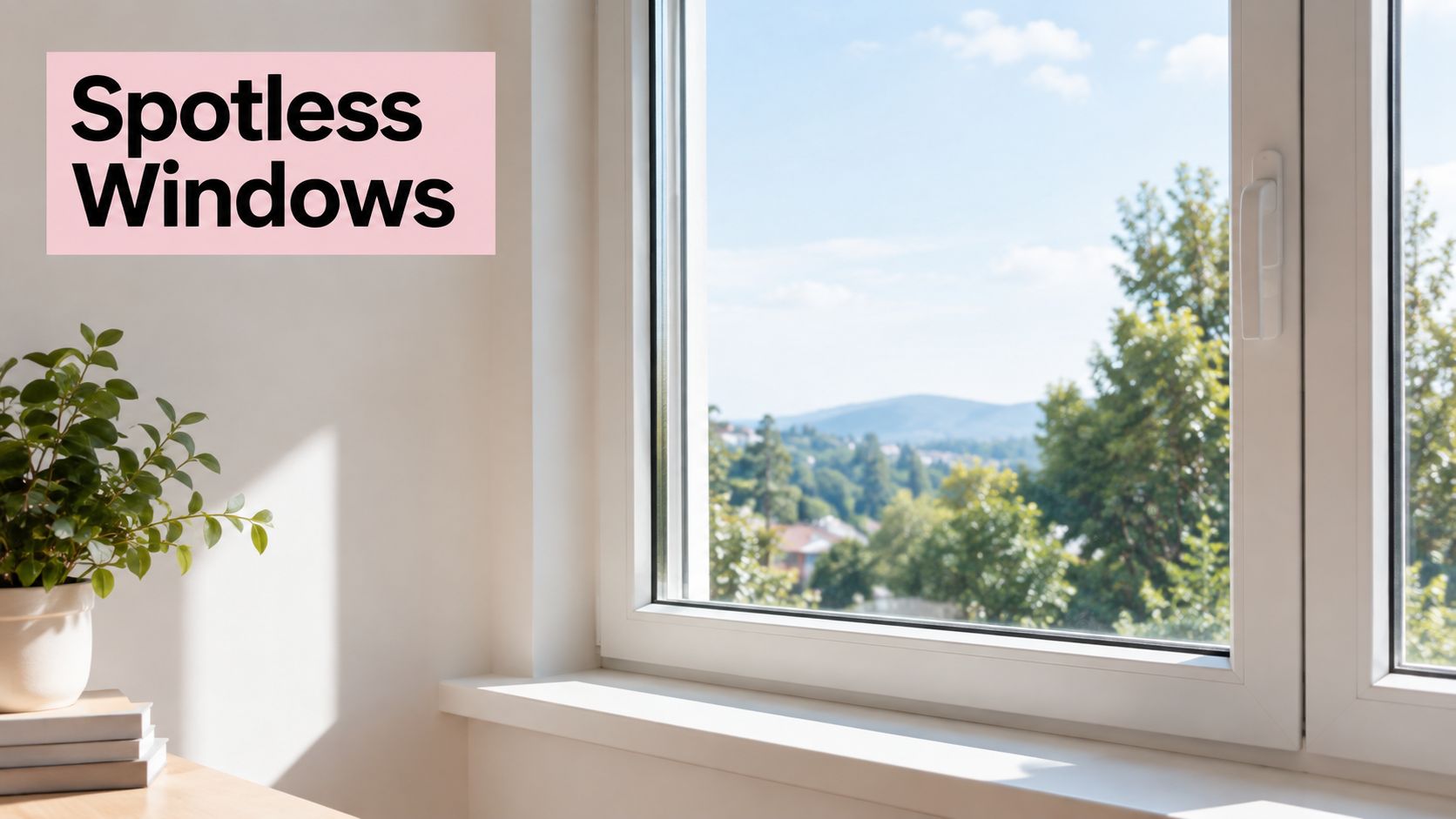 A clean white window frame overlooking a scenic green landscape with a potted plant on the sill.