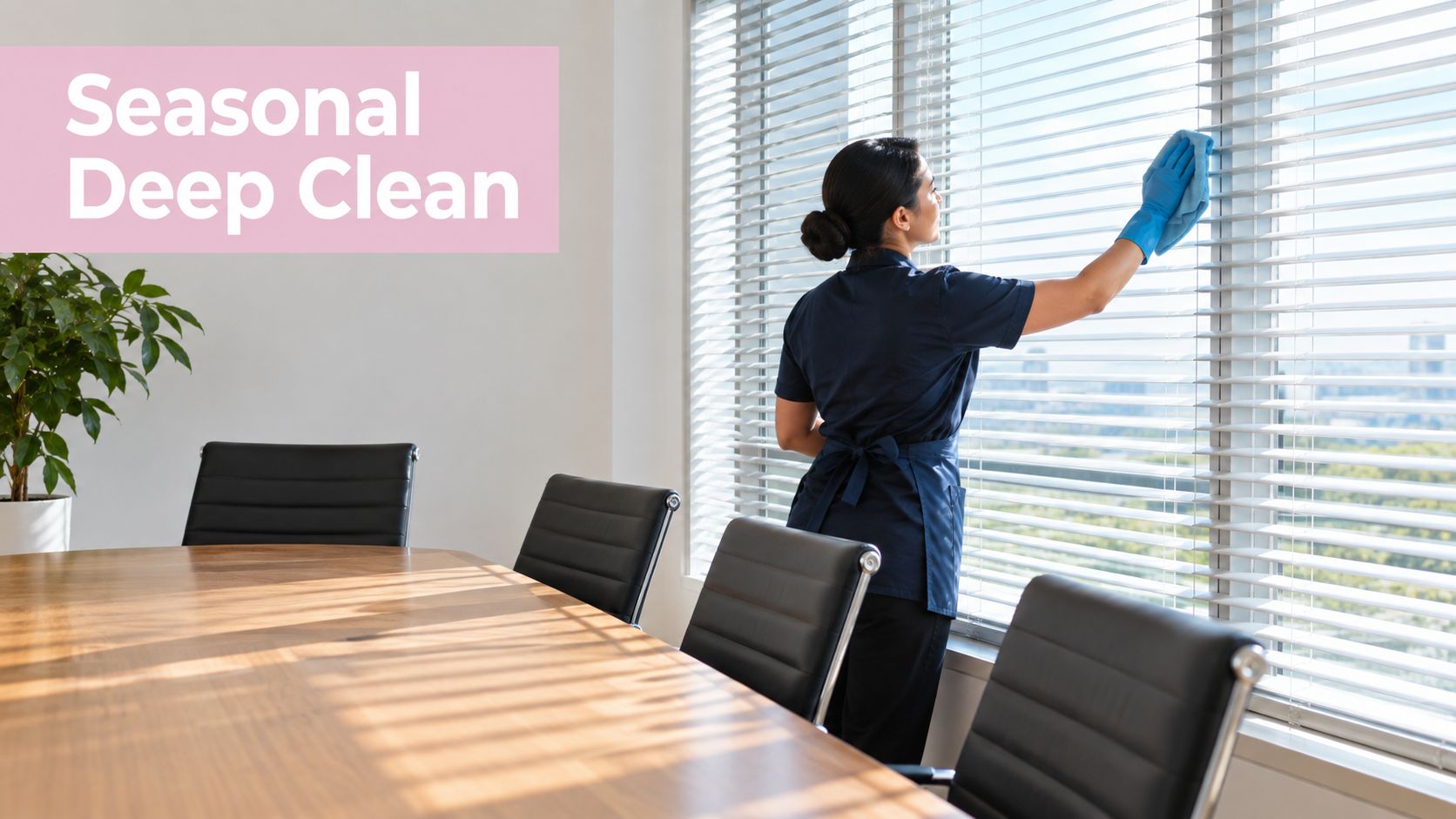A professional cleaner in uniform wiping blinds in a bright, modern office conference room.