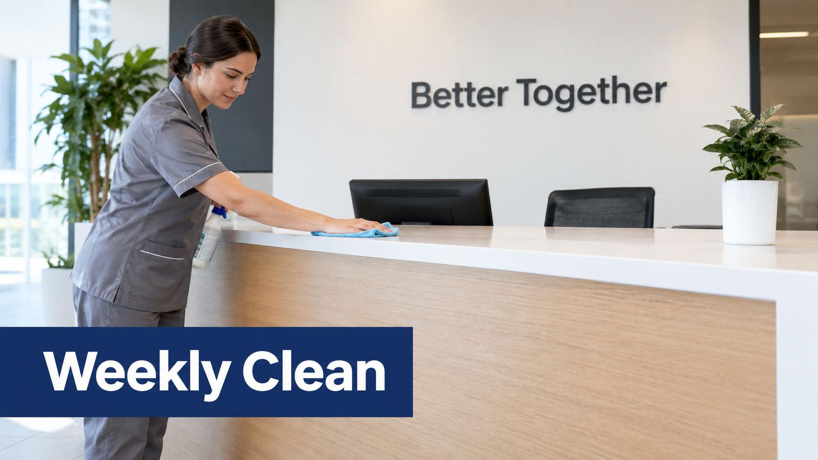 A professional cleaning staff member wipes down a clean reception desk in a modern corporate office setting.