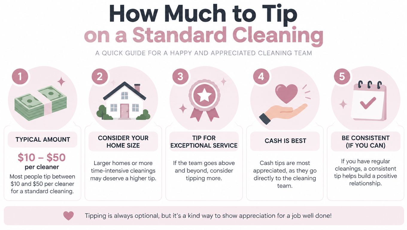 An infographic titled How Much to Tip on a Standard Cleaning, offering advice on house cleaner tipping.