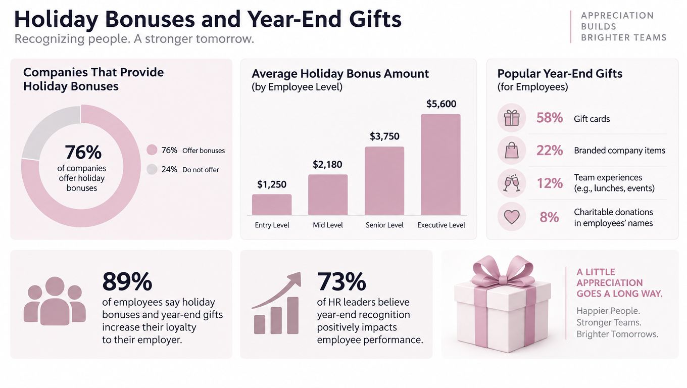 An infographic showing statistics about holiday bonuses, employee gift preferences, and the positive impact on staff loyalty.