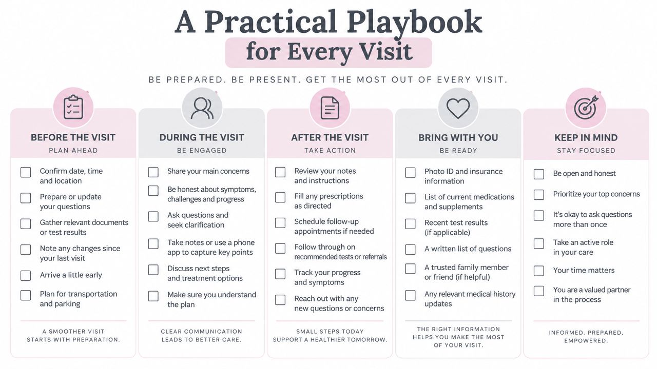 An infographic titled A Practical Playbook for Every Visit, providing tips for patients on preparing for medical appointments.