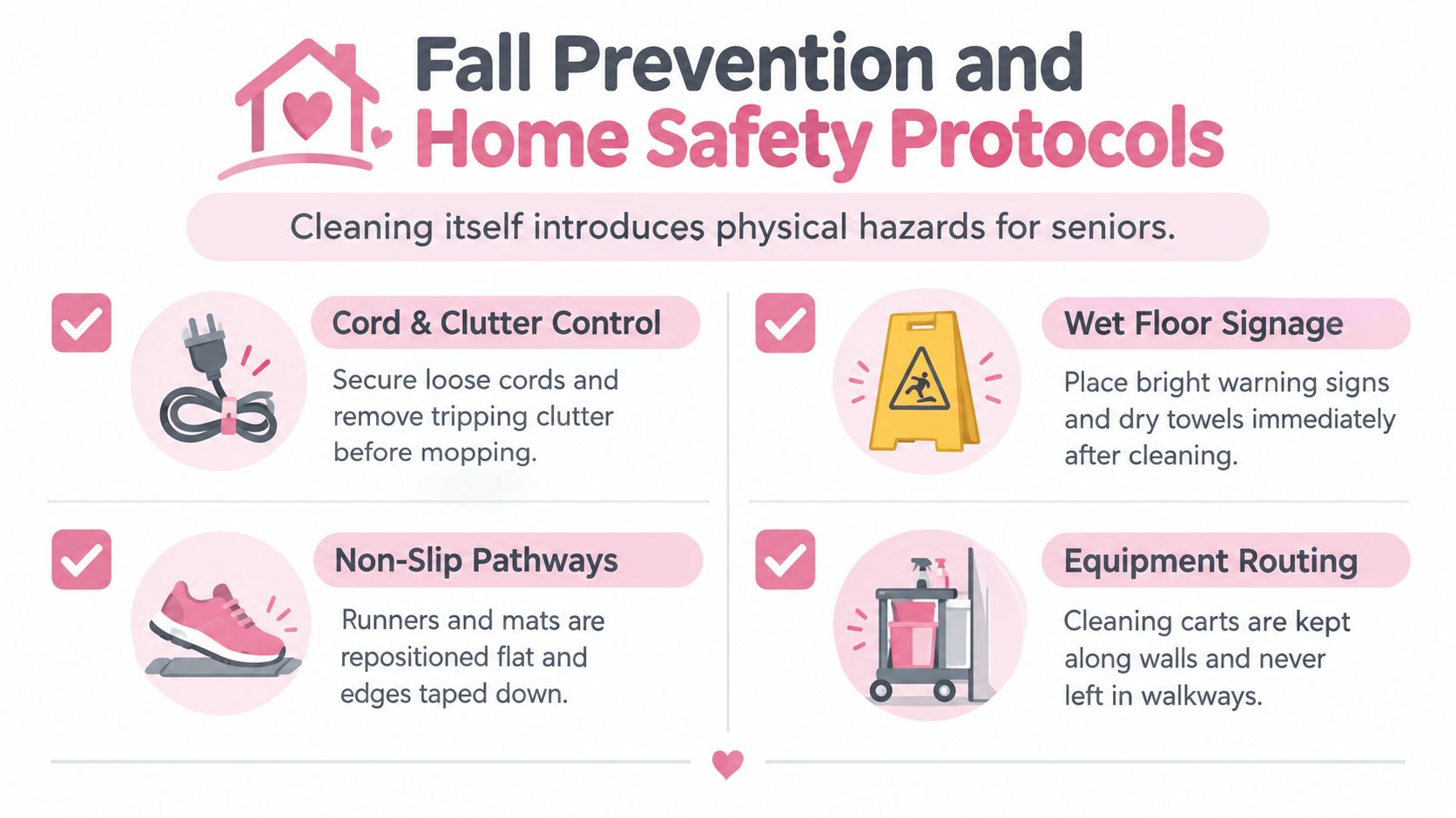 An infographic detailing essential fall prevention and home safety protocols for cleaning services provided to seniors.