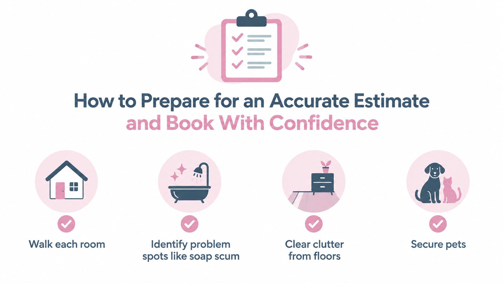 An infographic showing four steps to prepare for a home cleaning service estimate with icons and text.