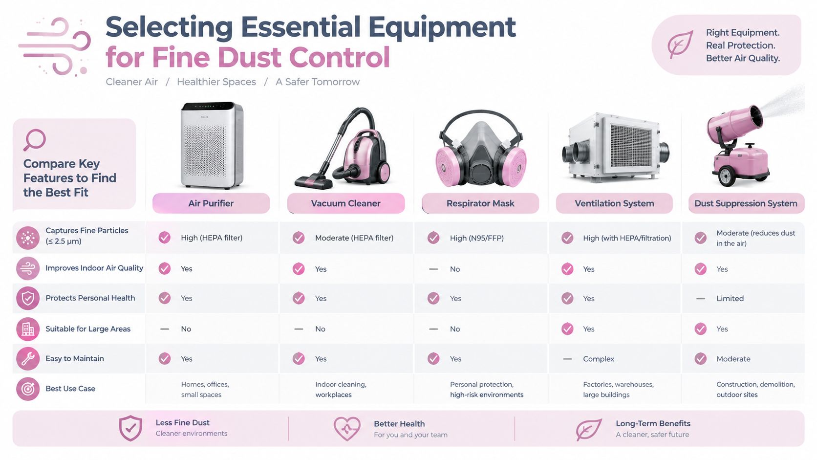 A comparison chart of equipment for fine dust control, including air purifiers, vacuum cleaners, respirators, and ventilation.