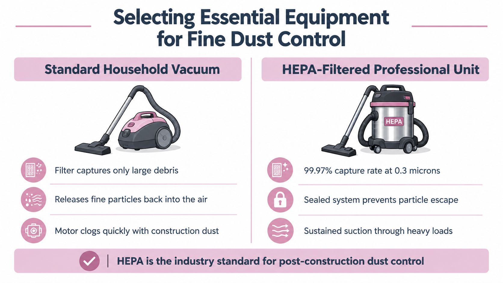 A comparison infographic showing why HEPA-filtered professional vacuums are better than household vacuums for post-construction cleaning.
