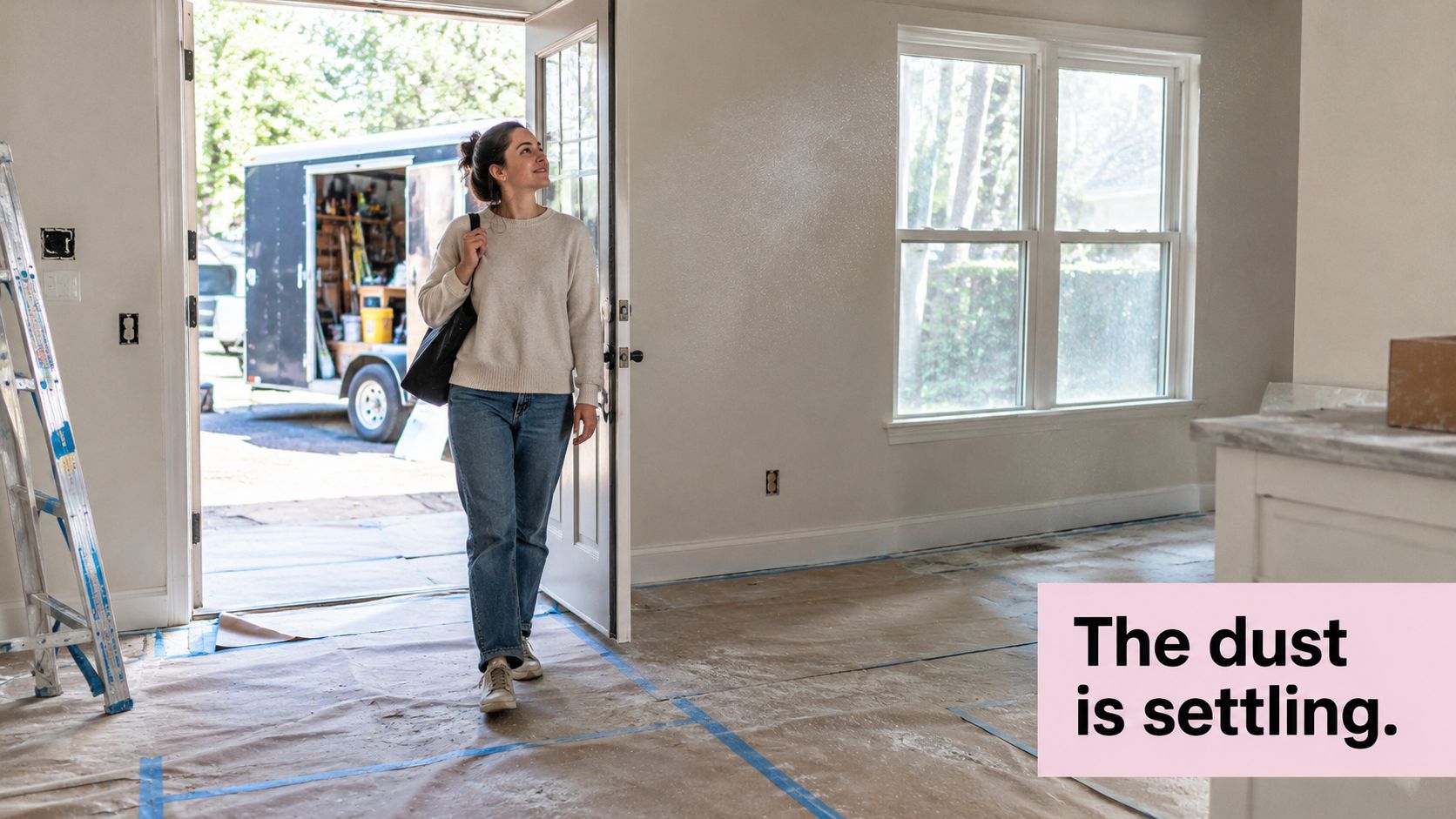 A smiling woman walking into a newly renovated home with construction paper on the floor.