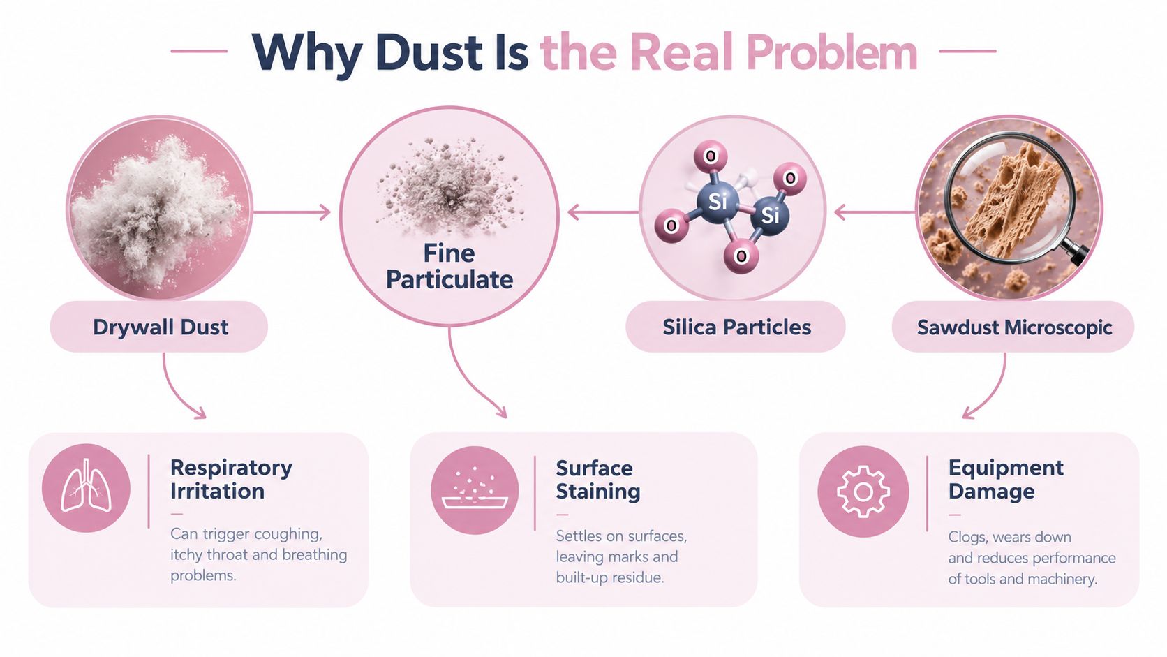 An infographic showing the risks of dust from drywall, silica, and sawdust in construction environments.