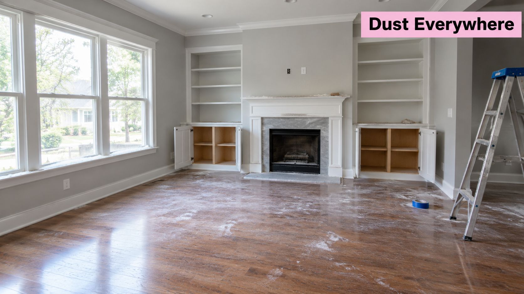 A living room floor covered in construction dust after recent home renovation work is completed.