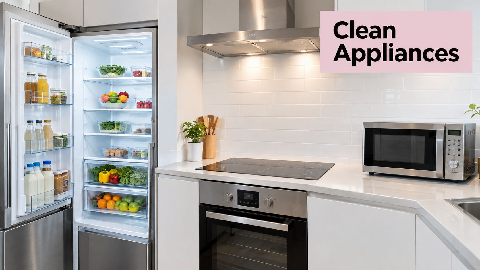 A modern, bright kitchen featuring clean stainless steel appliances including a refrigerator, stove, oven, and microwave.