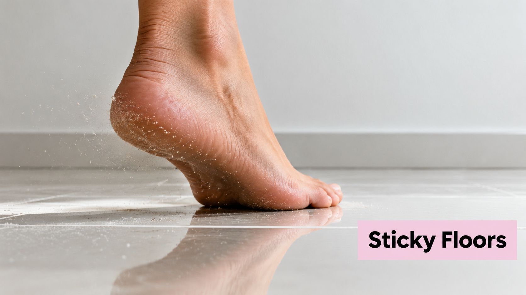 A bare human foot stepping on a dusty floor, highlighting the issue of dirty or sticky floor surfaces.