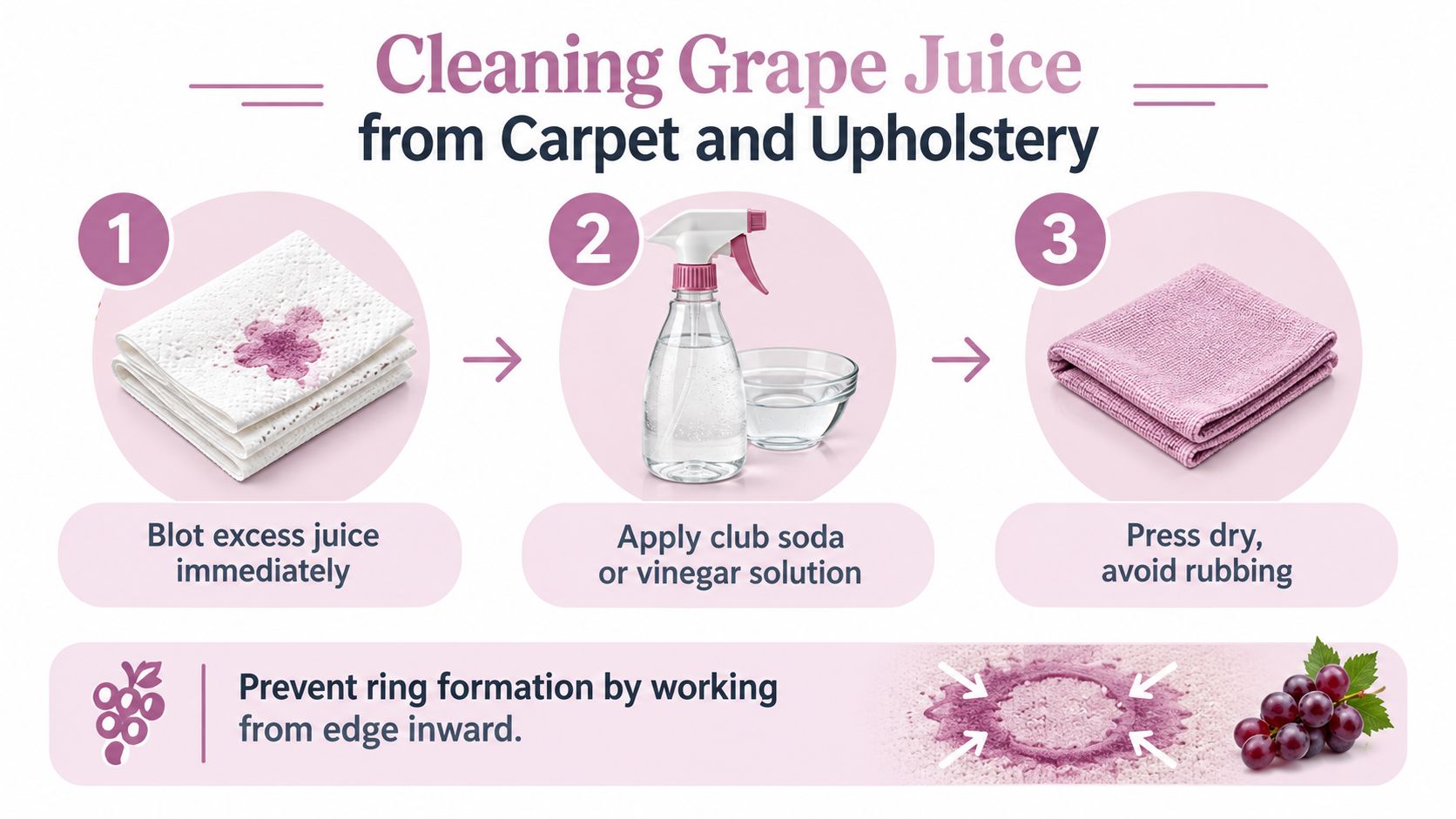 A step-by-step infographic on how to remove grape juice stains from carpets and upholstery effectively.