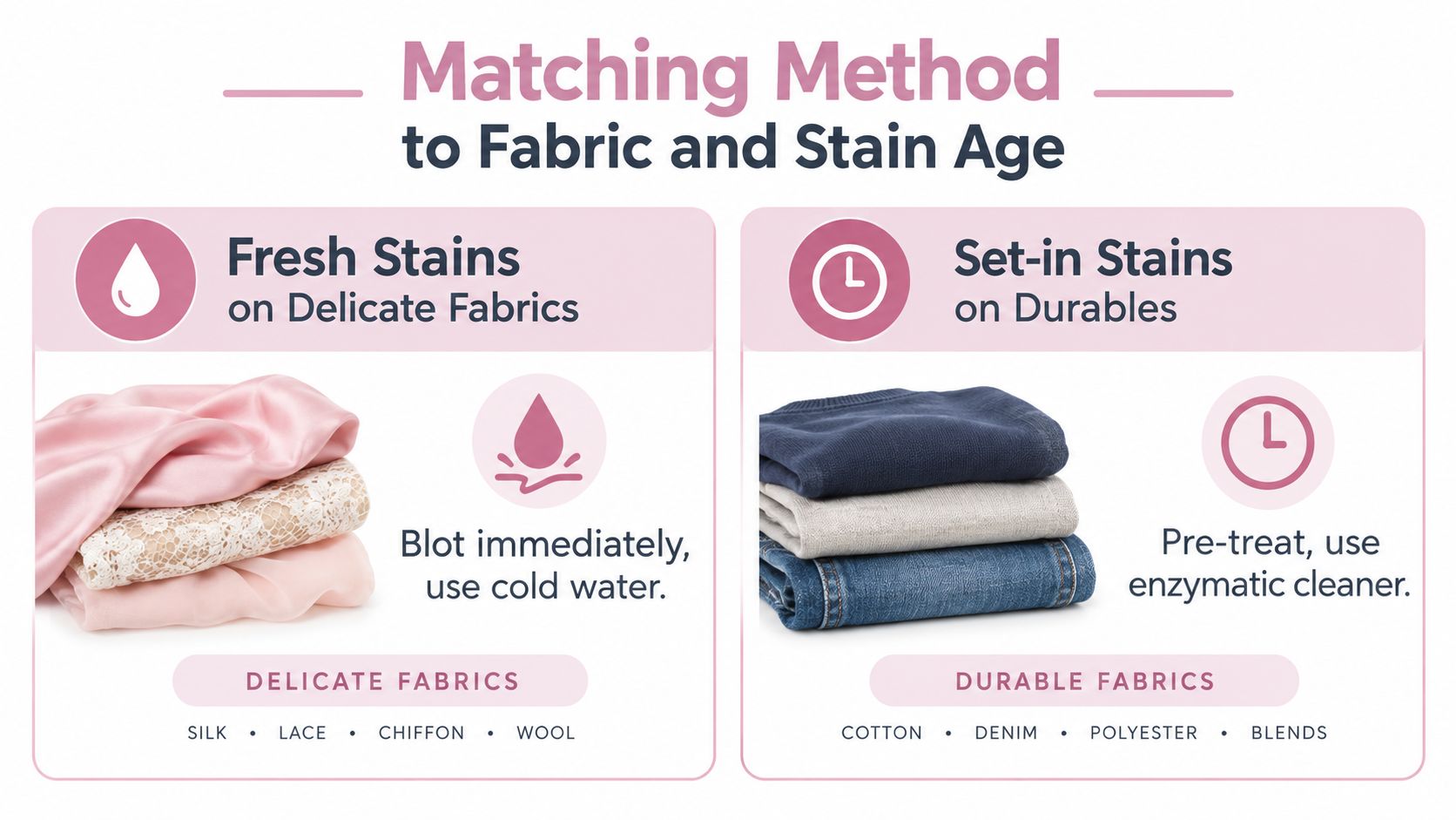 An infographic illustrating how to treat fresh stains on delicate fabrics versus set-in stains on durable fabrics.