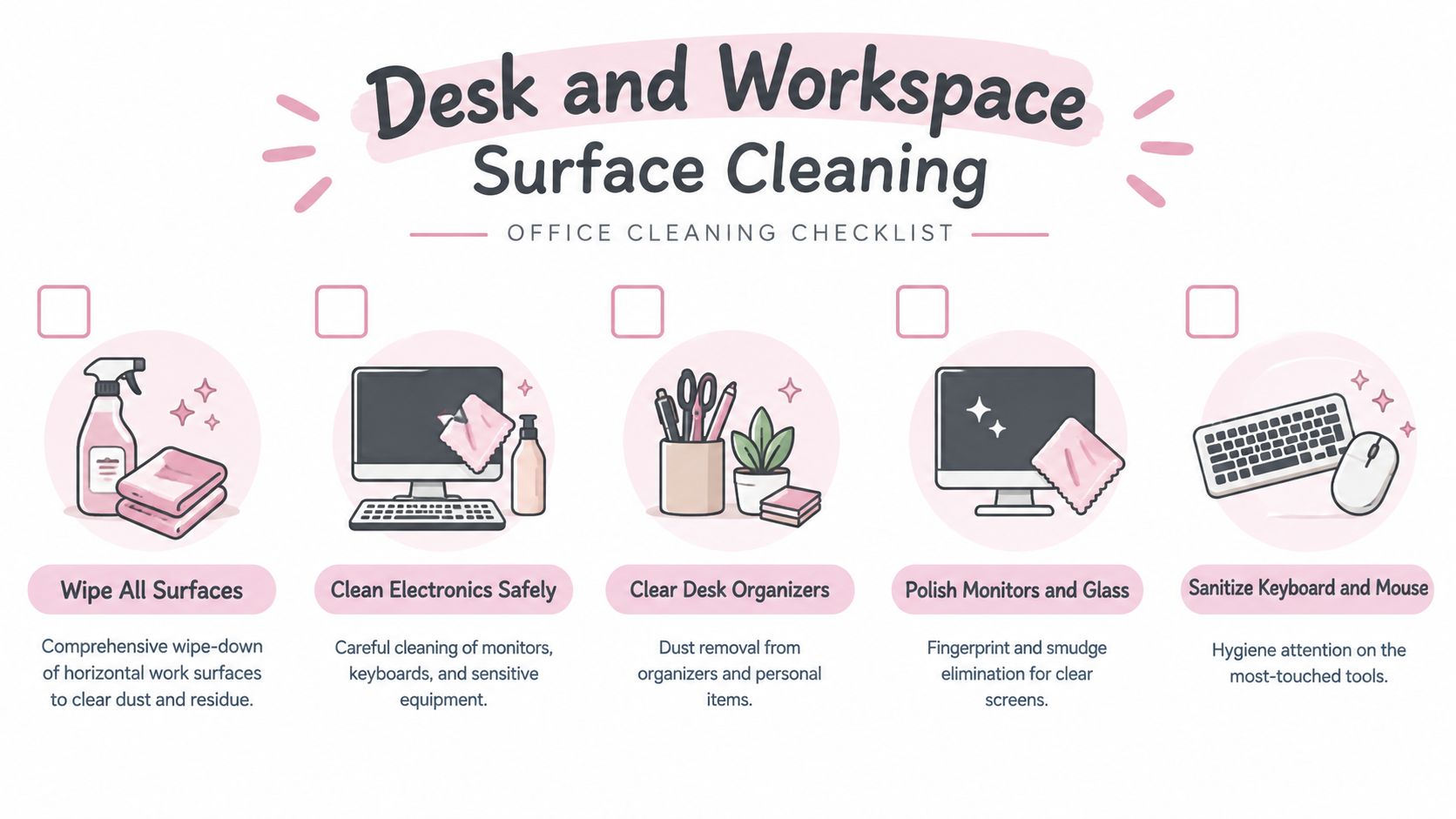 A light pink infographic titled Desk and Workspace Surface Cleaning with a five-step office cleaning checklist.