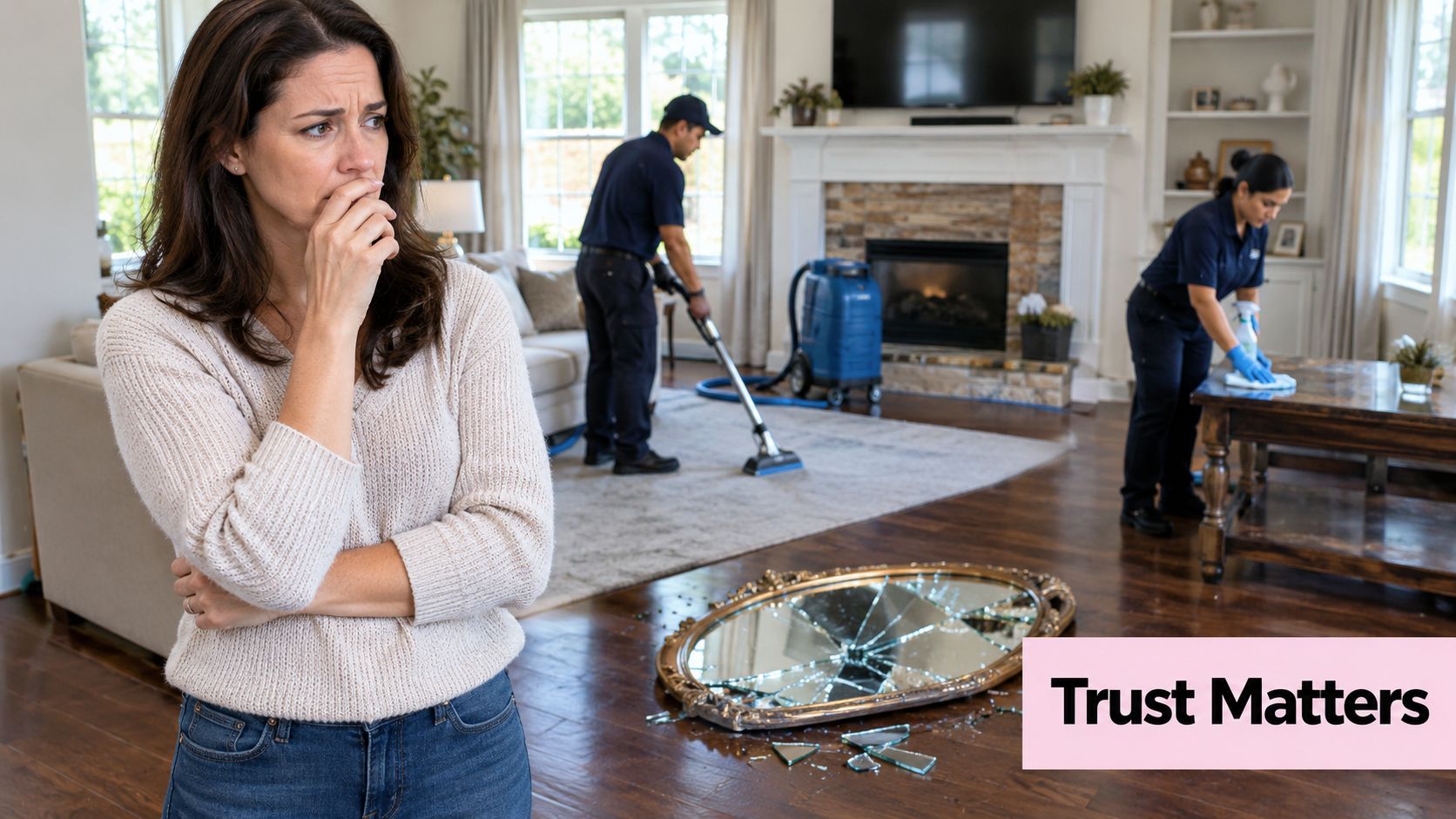 A concerned woman watches professionals cleaning her home near a broken mirror on the wooden floor.
