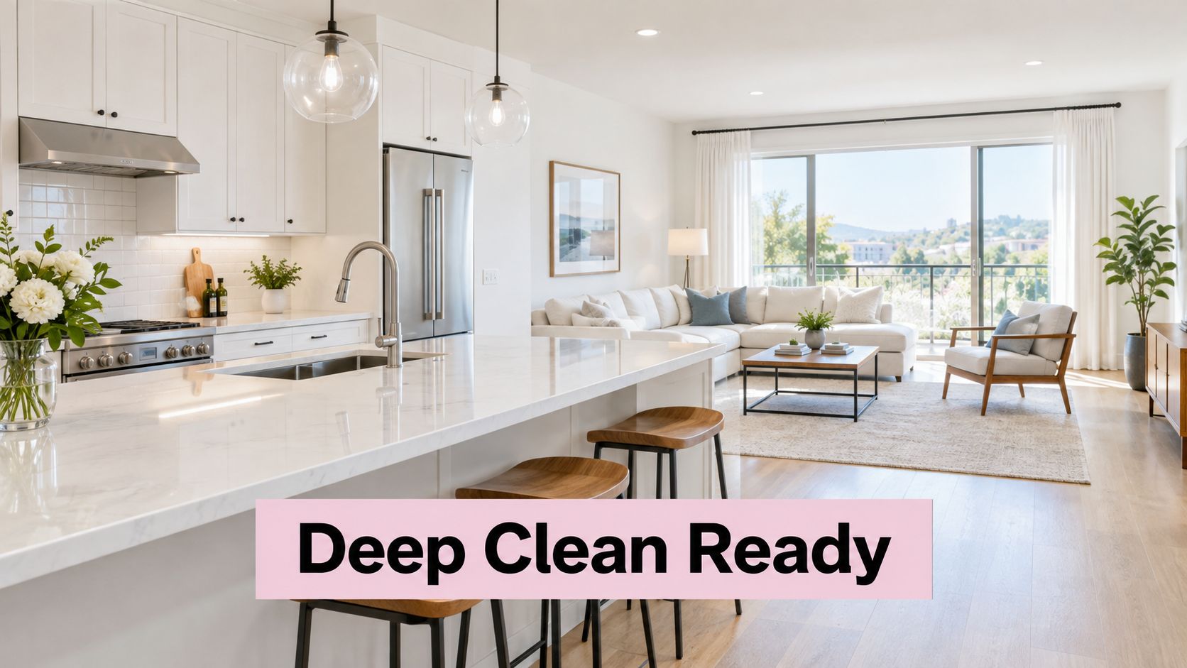 A bright, modern open-concept kitchen and living room featuring white cabinetry, marble countertops, and contemporary furniture.