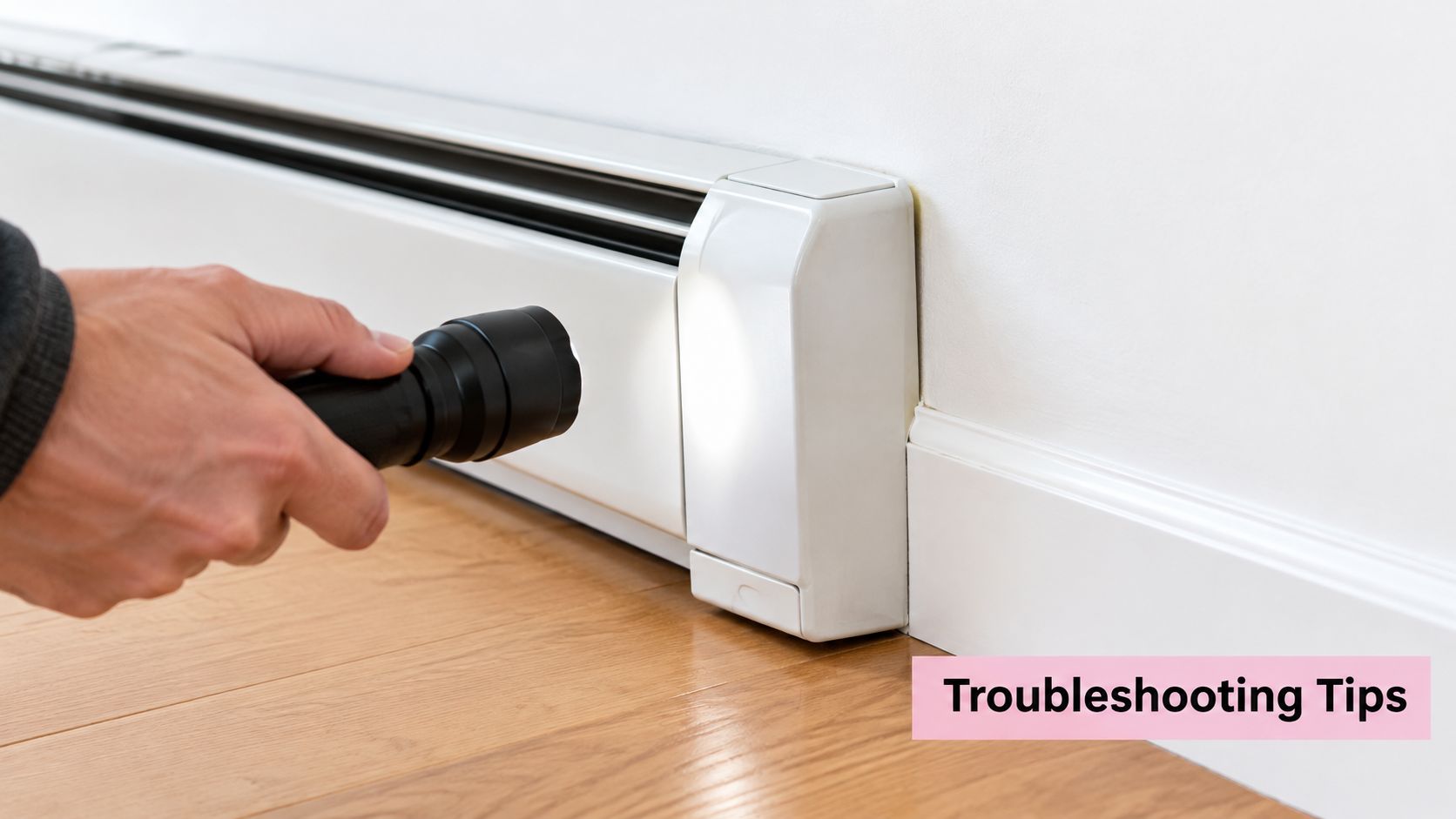 A person using a flashlight to inspect a white baseboard radiator mounted on a wall near floor.