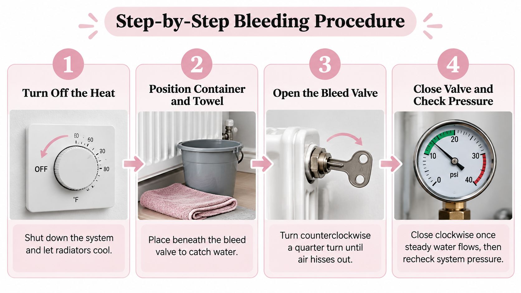A four-step instructional infographic explaining the process of how to bleed a radiator safely at home.