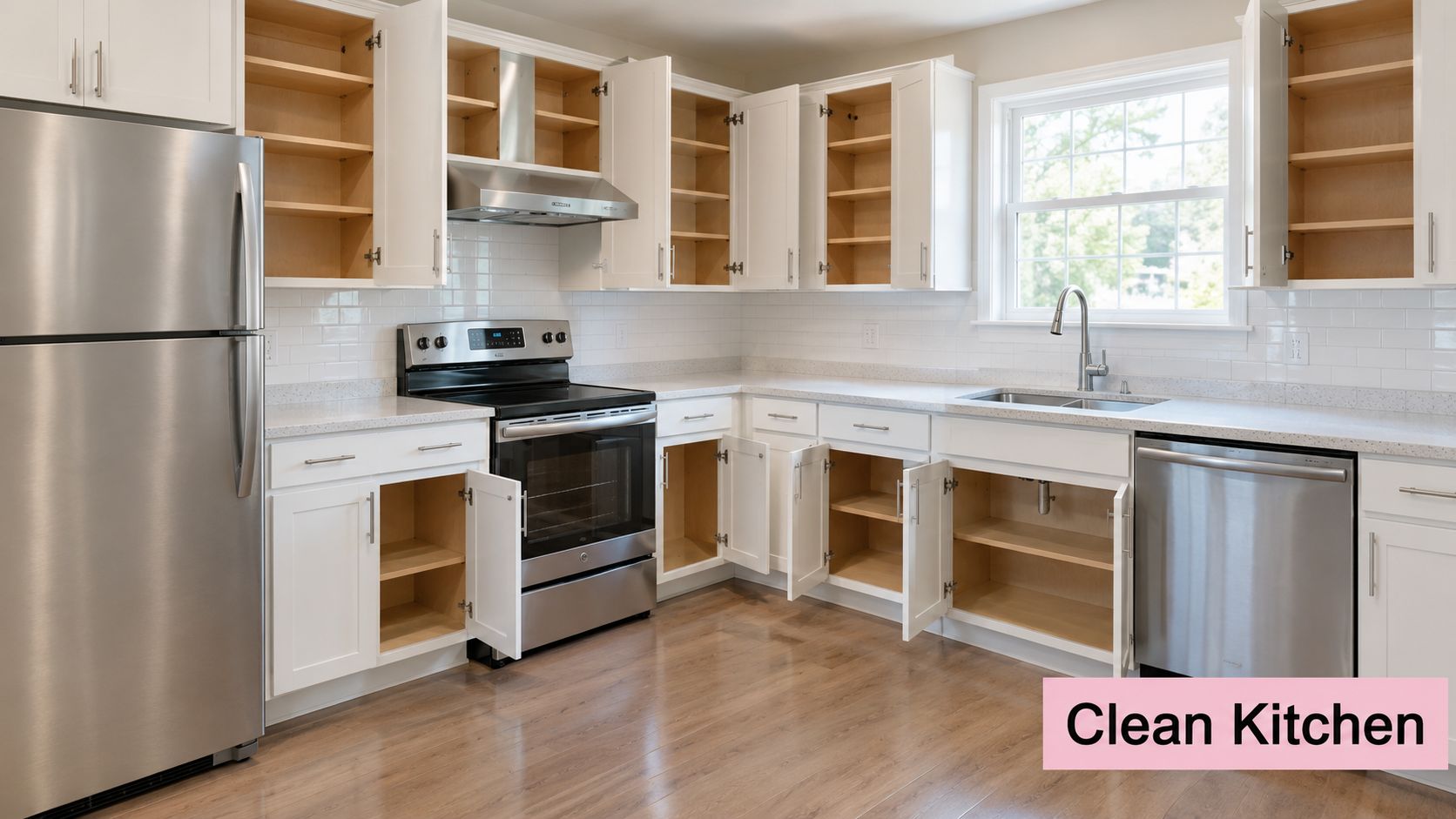 A clean, modern kitchen with white cabinets, stainless steel appliances, and wood flooring, ready for new occupants.