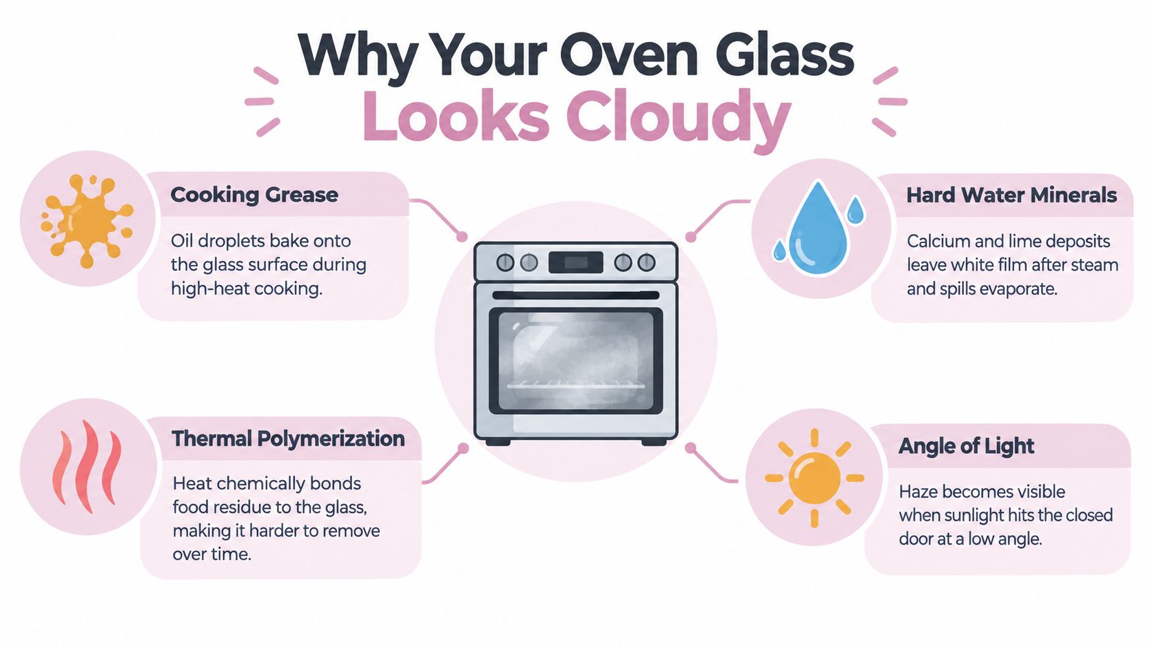An infographic explaining four primary reasons why oven glass appears cloudy, including grease, minerals, heat, and lighting.